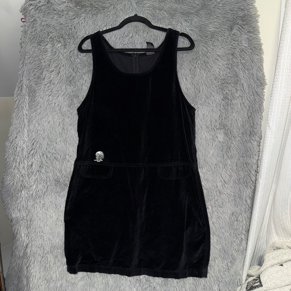 Vintage‎ Warner Bros Studio Store Black Velvet Pockets Skull Brooch Dress L